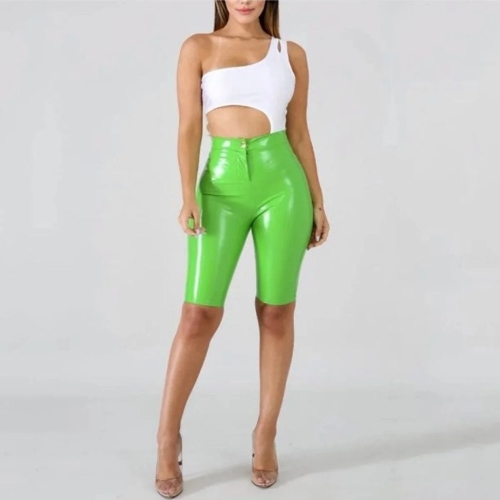 Neon Green PU leather Capri Pants